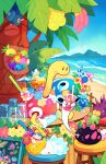  absurdres aspear_berry bartender beach berry_(pokemon) commentary crazy_straw cup day drinking_glass drinking_straw eating flower food fruit glass highres kiwi_(fruit) kiwi_slice leppa_berry nanab_berry oran_berry orange_(fruit) orange_slice outdoors pecha_berry pinap_berry pincurchin pokemon pokemon_(creature) pokemon_focus pyukumuku rawst_berry shuckle sitrus_berry snom taplaos towel untranslatable_commentary 