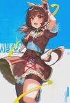  1girl animal_ears blush braid breasts brown_gloves brown_hair brown_jacket brown_necktie brown_skirt buena_vista_(heroina_inocente)_(umamusume) buena_vista_(umamusume) character_name checkered_collar checkered_hairband collared_shirt commentary_request drawer_bushi_huajia ear_covers garter_straps gloves hair_between_eyes hair_ornament hairband headband highres horse_ears horse_girl horse_tail jacket long_hair looking_at_viewer medium_hair multicolored_hair necktie open_mouth purple_eyes shirt short-sleeved_jacket short_sleeves single_thighhigh skirt smiel smile solo streaked_hair tail thigh_strap thighhighs thighs umamusume white_gloves white_shirt white_streaks 