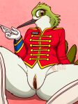 absurd_res anthro apodiform avian bird boots bottomless bottomless_female clitoral_hood clitoris clothed clothing conducting_baton female fish_birb footwear formal_wear freckled_face freckles genitals gloves handwear hi_res hummingbird knee_highs legwear looking_at_viewer marching_band_uniform non-mammal_vulva presenting presenting_vulva sarah_(fish_birb) shoes solo spread_legs spreading topwear vulva
