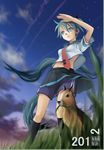  2012 animal aqua_eyes aqua_hair grass hatsune_miku highres kari_kenji kneehighs long_hair navel necktie patagonian_mara school_uniform serafuku shorts shorts_under_skirt skirt sky twintails very_long_hair vocaloid 