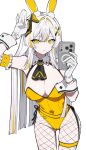  1girl absurdres animal_ear_fluff animal_ears arm_up arrow_(symbol) bare_shoulders black_survival blonde_hair breasts cellphone cleavage closed_mouth commentary eternal_return:_black_survival fishnet_pantyhose fishnets gloves grey_hair hair_between_eyes hair_intakes hair_ornament hand_up highres holding holding_phone large_breasts leotard long_hair looking_at_viewer meow_nyang multicolored_hair pantyhose phone playboy_bunny rabbit_ears rio_(black_survival) rio_(winning_shot)_(black_survival) simple_background skindentation solo strapless strapless_leotard streaked_hair thigh_strap very_long_hair white_background white_gloves wrist_cuffs x_hair_ornament yellow_eyes yellow_leotard 