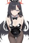  1girl alternate_costume animal_ear_hairband animal_ears arms_behind_back ass_visible_through_thighs asymmetrical_bangs bare_shoulders black_bow black_bowtie black_hair black_hairband black_leotard black_wings blue_archive blue_eyes blunt_bangs blush bow bowtie breasts brown_pantyhose cleavage closed_mouth commentary covered_navel cowboy_shot detached_collar eighter fake_animal_ears fishnet_pantyhose fishnets hair_ornament hairband hairclip halo highleg highleg_leotard highres ichika_(blue_archive) leaning_forward leotard long_hair looking_at_viewer low_wings medium_breasts pantyhose parted_bangs playboy_bunny rabbit_ears red_halo sidelocks simple_background smile solo standing thigh_gap traditional_bowtie white_background wing_collar wings 