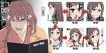  black_hair blush brown_eyes collar commentary_request death_note empty_eyes flower gyess963 hair_flower hair_ornament hanasaku_iroha just_as_planned kissuisou_uniform leash long_hair matsumae_ohana multiple_girls nakai_(waitress) parody relationshipping translated tsurugi_minko yuri 