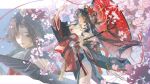  1girl absurdres bare_shoulders black_choker black_hair black_kimono black_sleeves breasts cherry_blossoms chinese_commentary choker cleavage commentary_request cowboy_shot fingernails floating_ribbon folding_fan hair_ornament hand_fan highres holding holding_fan holding_umbrella hotori_(neverness_to_everness) japanese_clothes kimono long_hair long_sleeves looking_at_viewer nail_polish neverness_to_everness off_shoulder oil-paper_umbrella parted_bangs pink_nails projected_inset red_eyes red_kimono red_ribbon red_umbrella ribbon shuangbatian solo standing thighhighs umbrella white_thighhighs wide_sleeves 
