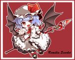  ascot bat_wings blue_hair chain character_name chibi dnk fang hat open_mouth polearm red_background red_eyes remilia_scarlet short_hair solo spear touhou weapon wings 