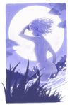  armpits ass blue breasts character_request cloud copyright_request dutch_angle from_behind from_ground full_moon grass highres kousaku looking_back monochrome moon night nude pointy_ears profile short_hair sideboob small_breasts solo splashing wading water 