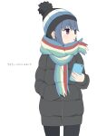  1girl absurdres ame_miya_ta beanie black_hat black_jacket black_pantyhose blue_hair blue_hat blue_scarf blush_stickers brown_scarf cellphone commentary_request cropped_legs down_jacket green_scarf hat highres holding holding_phone jacket long_sleeves looking_to_the_side multicolored_hat multicolored_scarf open_mouth pantyhose phone pom_pom_(clothes) pom_pom_beanie purple_eyes red_scarf scarf shima_rin simple_background smartphone solo striped_clothes striped_scarf white_background white_hat yurucamp 