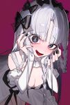  1girl absurdres black_eyes black_nails blush blush_stickers bow braid breasts choker cleavage colored_eyebrows dress dress_bow elbow_gloves evil_smile fate/strange_fake fate_(series) fingerless_gloves francesca_prelati_(fate) frilled_choker frills furittsu garter_belt gloves hair_bow hands_on_own_face highres holding_own_hair leaning_forward long_hair looking_at_viewer multiple_hair_bows nail_polish parted_bangs red_background ringed_eyes single_braid smile solo striped_clothes upper_body vertical-striped_clothes vignetting white_dress white_gloves white_hair yandere_trance 