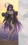  1girl absurdres alternate_costume b_soyo1 bare_shoulders bikini black_bikini black_hair black_nails black_shirt blue_archive blush closed_mouth commentary dark-skinned_female dark_skin halo highres karin_(blue_archive) light_smile long_hair looking_at_viewer open_clothes open_shirt purple_halo sandals shirt single_sleeve_past_fingers solo swimsuit yellow_eyes zoom_layer 