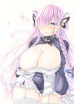  1girl azur_lane black_butterfly blue_eyes blush breasts bug butterfly butterfly_hair_ornament cleavage commentary_request cowboy_shot dress frilled_dress frills garter_straps gloves hair_ornament hair_over_one_eye half_gloves highres huge_breasts lace-trimmed_thighhighs lace_trim long_sleeves looking_at_viewer louisville_(azur_lane) marker_(medium) nipples pink_hair purplepencil sample_watermark solo thighhighs traditional_media watermark white_garter_straps white_gloves white_thighhighs 