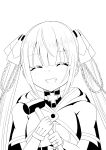  1girl :d ^_^ absurdres assault_lily blunt_bangs blush braid braided_hair_rings closed_eyes commentary_request cropped_jacket facing_viewer gloves greyscale grin hair_ribbon hair_rings hammer hands_up highres holding holding_hammer hood hood_down imai_seira long_hair monochrome partially_fingerless_gloves ribbon school_uniform short_sleeves simple_background smile solo twintails two-handed upper_body white_background yadoo yurigaoka_girls_academy_school_uniform 