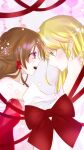  2girls blonde_hair braid brown_hair chocolate commentary_request detached_sleeves eye_contact hair_tubes hakurei_reimu hand_on_another's_face highres ibispaint_(medium) kirisame_marisa long_hair looking_at_another marimohu_starry missing_headwear multiple_girls no_hair_bow red_eyes red_shirt shirt single_braid touhou valentine white_sleeves yellow_eyes yuri 