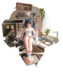  1girl absurdres apron bare_legs barefoot beads blue_eyes blue_hair blush bottle bowl breasts carrot chalkboard cleavage clock commentary cucumber cutting_board faucet feet hair_ornament highres holding_apron indoors iuno_(wuthering_waves) jar jewelry kitchen large_breasts leaf leaf_hair_ornament long_hair naked_apron necklace nereus_(ta03545) no_panties photo_(object) plate sitting soles solo tacet_mark_(wuthering_waves) toenails toes twintails untranslatable_commentary very_long_hair white_apron window wuthering_waves 