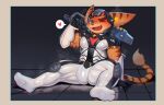 2026 4_fingers 4_toes abs absurd_res anthro armor belt biped black_belt black_clothing bodily_fluids bodysuit border brown_eyebrows brown_stripes bulge chest_tuft chromatic_aberration clothed clothed_anthro clothed_male clothing cydonia_xia digital_media_(artwork) eyebrows fangs feet fingers fur gauntlets glistening glistening_eyes gloves green_eyes handwear headgear heart_symbol helmet hi_res hindpaw holding_object lombax looking_at_viewer male male_anthro mammal markings multicolored_body multicolored_fur muscular muscular_anthro muscular_male muscular_thighs musk one_eye_closed open_mouth open_smile orange_body orange_fur orange_tail outside_border pawpads paws ratchet_(ratchet_and_clank) ratchet_and_clank red_clothing sitting skinsuit smile solo sony_corporation sony_interactive_entertainment speech_bubble striped_arms striped_ears striped_markings striped_tail stripes sweat sweaty_body tail tail_markings tail_tuft tan_body tan_fur tan_tail_tuft teeth tight_clothing toes tongue tuft two_tone_body two_tone_fur white_border white_clothing wink winking_at_viewer