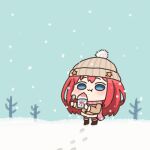  1girl :t akino_ell bare_tree beach black_boots blue_eyes blue_sky blush_stickers boots brown_hat brown_jacket chibi closed_mouth commentary_request cup day disposable_cup eating food go-toubun_no_hanayome hat holding holding_cup holding_spoon jacket long_hair nakano_itsuki outdoors red_hair ribbed_hat scarf shaved_ice sky snow snowing solo spoon standing star_(symbol) striped_clothes striped_scarf tree very_long_hair wavy_mouth 