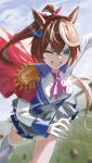  1girl absurdres animal_ears ascot blue_eyes boots breasts brown_hair buttons cape clenched_teeth commentary_request double-breasted epaulettes gloves highres horse_ears horse_girl jacket long_hair long_sleeves multicolored_hair multicolored_jacket one_eye_closed open_mouth outdoors pink_ascot ponytail red_cape running shippo_(pixiv_18567314) single_epaulette single_hair_streak skirt sky small_breasts solo streaked_hair sweat teeth tokai_teio_(peak_joy)_(umamusume) tokai_teio_(umamusume) two-tone_jacket two-tone_skirt umamusume white_boots white_gloves white_jacket white_skirt white_streaks 