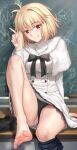  1girl absurdres arcueid_brunestud barefoot besmiled black_panties black_pantyhose blonde_hair blush bow bowtie breasts capelet chalkboard dress grin highres jewelry large_breasts long_sleeves looking_at_viewer necklace official_alternate_costume panties pantyhose red_eyes short_hair sitting smile solo thighs toes tsukihime tsukihime_(remake) underwear white_capelet white_dress 