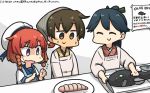  3girls apron artist_logo black_hair blonde_hair blue_apron blue_sailor_collar bob_cut braid brown_eyes brown_hair commentary_request cowboy_shot dated etorofu_(kantai_collection) eyes_closed gradient_hair hamu_koutarou hat high_ponytail highres hiryuu_(kantai_collection) houshou_(kantai_collection) i-class_destroyer japanese_clothes kantai_collection kappougi kimono knife long_hair long_sleeves multicolored_hair multiple_girls one_side_up pink_kimono plate ponytail purple_eyes red_hair sailor_collar sailor_hat school_uniform serafuku shinkaisei-kan short_hair side_braid sign smile sweat sweating_profusely thick_eyebrows translation_request twin_braids white_hat 