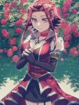  1girl breasts brown_eyes cleavage closed_mouth commentary_request flower garden highres interlocked_fingers izayoi_aki jewelry large_breasts light_blush light_smile looking_at_viewer necklace outdoors own_hands_together pinyata_(pinyaland) puffy_short_sleeves puffy_sleeves red_flower red_hair red_rose rose short_sleeves sidelocks smile solo yu-gi-oh! yu-gi-oh!_5d's 