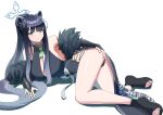  1girl absurdres animal_ear_fluff animal_ears ass black_dress black_hair blue_archive blue_halo china_dress chinese_clothes commentary dress feather_boa full_body green_eyes halo highres long_hair looking_at_viewer lying on_side open-toe_shoes panties pantyshot pelvic_curtain ponytail shun_(blue_archive) smile solo striped_clothes striped_dress tiger_ears tiger_girl underwear vertical-striped_clothes vertical-striped_dress white_background yue_hua 