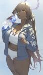  1girl black_hair blue_archive bottle dark-skinned_female dark_skin halo highres holding holding_bottle jacket karin_(blue_archive) long_hair looking_at_viewer midriff open_clothes open_jacket phoebe_(user_vvpf4584) plastic_bottle ponytail purple_halo solo sports_bikini sports_bra sportswear sweat track_jacket track_uniform white_sports_bra 