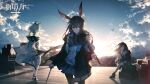  3girls amiya_(arknights) animal_ears arknights backlighting bare_legs black_hair black_thighhighs blouse blue_eyes bow_(music) brown_hair cat_ears closure_(arknights) commentary_request green_eyes hair_between_eyes high_heels highres holding holding_bow_(music) holding_instrument holding_violin hood hoodie instrument jacket kal'tsit_(arknights) lambda_(arknights) leg_belt long_hair looking_at_viewer looking_back multiple_girls official_art outdoors rabbit_ears red_eyes rella shirt short_hair sitting skirt sky standing sunlight thighhighs vampire violin white_hair wind 