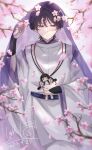  1boy armor black_hair blunt_ends bow branch bright_pupils cherry_blossoms choppy_bangs closed_mouth clothing_cutout cowboy_shot dated doll eyeliner falling_petals fingernails flower genshin_impact hand_up highres holding holding_doll japanese_armor japanese_clothes kariginu kimono kote kurokote layered_sleeves leaf long_sleeves looking_down makeup male_focus outdoors pants pelvic_curtain petals pink_flower pink_petals purple_bow purple_eyes purple_kimono purple_sash purple_sleeves purple_veil red_eyeliner rinbo_7140 sash scaramouche_(genshin_impact) scaramouche_(kabukimono)_(genshin_impact) see-through_clothes see-through_veil shoulder_cutout solo string stuffed_toy tsurime veil white_pants white_pupils white_sleeves 