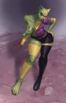 anthro belt black_nails bottomwear breast_squeeze breasts censored cheek_markings clothed clothing colored_nails convenient_censorship creative_censorship detachable detached_hand domestic_cat facial_markings feet felid feline felis female fur green_body green_fur hand_on_breast hand_on_hip head_markings hi_res legwear lips makeup mammal markings mascara modular multicolored_body multicolored_fur nails nephele_vetti pink_among_blood_red_roses redustheriotact running_makeup running_mascara shirt shorts solo squeezing stitch_(sewing) tattoo tights topwear yellow_body yellow_fur
