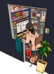  1girl absurdres animal asukan_(tm1330) black_hair blanket book bookshelf brown_hoodie calendar_(object) cat chair commentary_request desk_lamp drawing_(action) electrical_outlet from_behind full_body hair_ornament hair_scrunchie highres hood hood_down hoodie indoors lamp light_bulb long_hair monitor on_chair original pet photo_(object) pile_of_books plant ponytail poster_(object) potted_plant scrunchie sitting slice_of_life solo sticky_note stuffed_animal stuffed_toy yellow_scrunchie 