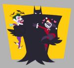  1girl 2boys bat_mask batman batman_(series) batman_symbol black_cape bodysuit cape captainmolasses dc_comics domino_mask eye_mask grey_bodysuit harlequin harley_quinn harley_quinn_(classic) highres jester jester_costume joker_(dc) mask multiple_boys superhero_costume taut_bodysuit white_facepaint 