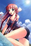  :d absurdres ahoge asanagi_mio asanagi_no_aquanauts breasts cloud covered_nipples day dutch_angle highres medium_breasts one-piece_swimsuit open_mouth red_hair school_swimsuit sky smile sun swimsuit yamino_kenji 