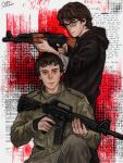  2boys adam_lanza ar-15 artist_name black-framed_eyewear black_eyes black_gloves black_jacket black_pants blood blood_splatter blue_eyes brown_hair censored censored_text closed_mouth commentary cowboy_shot curly_hair cyril_1214 english_commentary english_text film_grain finger_on_trigger fingerless_gloves fingernails glasses gloves green_jacket grey_background grey_pants gun hair_behind_ear hands_up highres holding holding_gun holding_weapon hood hood_down hooded_jacket jacket knee_up light_smile lips long_sleeves looking_at_viewer male_focus multiple_boys nostrils note pants photo-referenced photo_inset pocket puffy_long_sleeves puffy_sleeves real_life rectangular_eyewear rifle robert_hawkins short_bangs short_hair simple_background sitting standing true_crime turtleneck turtleneck_jacket two-handed very_short_hair weapon zipper 