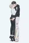  2boys ass black_hair black_hoodie black_pants black_shoes blush cargo_pants collared_shirt commentary_request grabbing_another's_ass grey_eyes groping highres hood hoodie inuzumi_shibahiko_(megechan) kowata_shunki_(megechan) male_focus mege_(megechan) multiple_boys nervous nose original pants red_eyes shirt shoes short_hair simple_background sneakers socks sweatdrop tiptoes white_background white_hair white_pants white_shirt white_shoes yaoi 