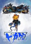  1girl absurdres akira_(manga) animal_hands black_shirt blonde_hair character_name claws commentary facing_away highres kaamin_(mariarose753) motor_vehicle motorcycle original parody poster_parody reptile_girl shirt short_shorts shorts solo tail title tokage_(kaamin) walking 