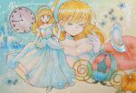  1girl bare_shoulders blue_choker blue_dress blue_eyes blue_flower blue_hairband blue_shoes carriage castle choker cinderella_(fairy_tale) cinderella_(fairy_tale_character) clock closed_eyes closed_mouth collarbone colored_eyelashes commentary_request cushion dress earrings elbow_gloves flower fukatsuki_mizuki glass_slipper gloves hairband hand_up high_heels highres jewelry looking_at_hand multiple_views petticoat pumpkin shoes signature smile sparkle standing traditional_media white_gloves 