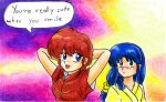  2girls :d arms_behind_head arms_up blue_eyes blue_hair blush braid colored_pencil_(medium) dougi english_text green_eyes long_hair mixed-language_commentary multiple_girls open_mouth ranma_1/2 ranmaonehalf red_hair saotome_ranma saotome_ranma_(female) single_braid smile speech_bubble tendou_akane traditional_media yuri 