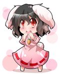  animal_ears black_hair blush bunny_ears bunny_tail carrot carrot_necklace chibi dress hand_to_own_mouth highres hiro_(pqtks113) inaba_tewi jewelry necklace open_mouth pendant pink_dress red_eyes short_hair smile solo tail touhou 