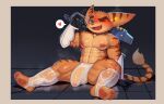 2026 4_fingers 4_toes abs absurd_res anthro areola armband armor balls balls_outline biped bodily_fluids brown_eyebrows brown_stripes bulge chest_tuft claws clothed clothing cydonia_xia detailed_bulge digital_media_(artwork) eyebrows fangs feet fingers footwear fur gauntlets genital_fluids genital_outline genitals glans glistening glistening_eyes gloves green_eyes handwear heart_symbol hi_res hindpaw holding_object lombax looking_at_viewer male male_anthro mammal markings multicolored_body multicolored_fur muscular muscular_anthro muscular_male muscular_thighs musk nipples one_eye_closed open_mouth open_smile orange_body orange_fur orange_tail pawpads paws pecs penis penis_outline precum ratchet_(ratchet_and_clank) ratchet_and_clank red_areola red_nipples red_pawpads sitting smile socks solo sony_corporation sony_interactive_entertainment speech_bubble stirrup_socks striped_arms striped_ears striped_legs striped_markings striped_tail stripes sweat sweaty_body tail tail_markings tail_tuft tan_body tan_fur tan_tail_tuft teeth toe_claws toes tongue topless topless_anthro topless_male translucent translucent_clothing translucent_footwear translucent_socks translucent_underwear tuft two_tone_body two_tone_fur underwear white_clothing white_footwear white_socks white_underwear wink winking_at_viewer