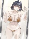  1girl :d absurdres against_glass bathroom bikini black_hair blue_eyes blue_hair blush breast_press breasts colored_inner_hair commentary english_commentary gold_bikini grin hair_intakes halterneck hands_up highres hololive hololive_english indoors large_breasts looking_at_viewer multicolored_hair navel nurizza_ilst ouro_kronii smile solo stomach string_bikini swimsuit tile_wall tiles virtual_youtuber 