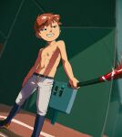  1boy abs absurdres airpods anonanim baseball_bat baseball_uniform batting_cage black_eyes blue_socks body_freckles brown_hair child english_commentary freckles grin half-closed_eyes highres holding holding_baseball_bat josh_mcennis_(anonanim) nipples original pants shadow shoulder_freckles smile socks solo sportswear toned toned_male topless_male white_pants wireless_earphones 