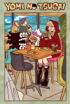  2girls ahoge black_boots black_hair black_jacket blonde_hair boots braid burger cat chair commentary copyright_name cup danno_hana dog drinking drinking_straw english_text extra_eyes food gabriel_(yomi_no_tsugai) gabu_(yomi_no_tsugai) highres holding holding_food hood hood_up hooded_jacket jacket jiro_(yomi_no_tsugai) kotetsu_(yomi_no_tsugai) light_blush long_sleeves looking_at_food monster multicolored_hair multiple_girls on_chair pink_hair plate ponytail purple_eyes red_hood short_hair short_ponytail sitting smile table takeuchi_ryousuke teeth twin_braids two-tone_hair white_dog yellow_cat yomi_no_tsugai 