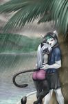  beach black_hair black_nose blue_eyes blush brown_eyes clothed clothing couple dripping duo embracing feline female grey_hair hair hair_over_eye headband jersey lion long_hair male mammal mountain outside palm_tree panther pants pink_nose rain scenery seaside short_pants signature sky spots tree wet wood 
