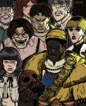  4boys 4girls :d abella_(fear_&amp;_hunger) absurdres african_clothes artist_name bald bead_necklace beads beard black_background black_hair black_ribbon black_shirt blonde_hair blood blood_on_knife bomber_jacket brown_hair brown_jacket burnt camisole camisole_over_clothes clenched_teeth closed_eyes closed_mouth daan_(fear_&amp;_hunger) dark-skinned_male dark_skin disembodied_head earrings enbukii eyepatch face_piercing facial_hair fear_&amp;_hunger_(series) fear_&amp;_hunger_2:_termina frilled_shirt frilled_shirt_collar frills fur_trim glasses grey_hair hat highres holding holding_detached_head holding_knife invincible_(series) jacket jewelry karin_(fear_&amp;_hunger) knife levi_(fear_&amp;_hunger) long_hair long_sleeves looking_at_viewer marcoh_(fear_&amp;_hunger) marina_(fear_&amp;_hunger) meme mouth_piercing multicolored_hair multiple_boys multiple_girls mustache nas'hrah_(fear_&amp;_hunger) neck_ribbon necklace o'saa_(fear_&amp;_hunger) olivia_(fear_&amp;_hunger) open_mouth parody piercing pink_shirt red_hair ribbon roots_(hair) severed_head shirt short_hair smile teeth turtleneck turtleneck_shirt viltrumite_group_shot_(meme) white_shirt yellow_hat 