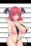  adjusting_clothes adjusting_swimsuit ao_banana bare_shoulders blush breasts head_wings highres huge_breasts jpeg_artifacts koakuma navel red_eyes red_hair slingshot_swimsuit smile solo swimsuit tail touhou 