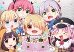  6+girls absurdres aikawa_megumi asakura_karen_(heaven_burns_red) aya_(0707) black_hair blonde_hair blue_eyes braid cake chibi confetti food fork glasses green_eyes heaven_burns_red highres holding holding_fork izumi_yuki kayamori_ruka kunimi_tama multiple_girls narby_(heaven_burns_red) open_mouth party_popper pink_hair red_eyes sweatdrop toujou_tsukasa 