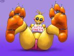3_toes a9ymus absurd_res animatronic anthro avian bib bird black_sclera chicken claws clothing feet female five_nights_at_freddy's five_nights_at_freddy's_2 foot_fetish foot_focus galliform hi_res legs_up looking_at_viewer machine orange_feet panties phasianid pink_clothing pink_panties pink_underwear pupils robot robot_anthro rosy_cheeks scottgames sharp_teeth simple_background sitting smug solo spread_legs spreading teeth toe_claws toes toy_chica_(fnaf) underwear white_pupils wrinkled_feet wrinkles yellow_body