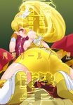  1girl bad_id bad_pixiv_id bike_shorts blonde_hair blush breasts cum cure_peace facial hair_flaps hetero highres kise_yayoi kneeling large_breasts long_hair looking_at_viewer looking_back magical_girl maruon nipples penis ponytail precure pussy_juice shorts shorts_under_skirt skirt smile_precure! solo_focus yellow yellow_eyes yellow_shorts yellow_skirt 