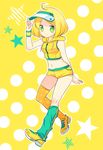  ahoge blonde_hair c.c._lemon c.c._lemon_(character) coriinu green_eyes highres hood hoodie mismatched_legwear navel shoes short_hair shorts single_thighhigh smile sneakers solo thighhighs visor wristband 