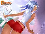  23_(real_xxiii) ass blue_hair breasts butt_crack covered_nipples dark_skin dimples_of_venus dmm dutch_angle flag flags_of_all_nations gym_shorts gym_uniform headband highres japanese_flag large_breasts looking_back no_bra original short_hair short_shorts shorts sleeves_rolled_up solo string_of_flags swedish_flag wallpaper yellow_eyes 