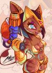 2026 absurd_res anthro bikini blue_eyes breasts brown_body brown_fur cazar_(ratchet_and_clank) circlet clothing collarbone eyebrows eyelashes female fur gloves gold_bikini gun hand_on_hip handwear hi_res legwear mammal navel o-ring open_mouth ranged_weapon ratchet_and_clank sasha_phyronix solo sony_corporation sony_interactive_entertainment striped_body striped_fur stripes swimwear the_nitrocrate thigh_highs two-piece_swimsuit weapon